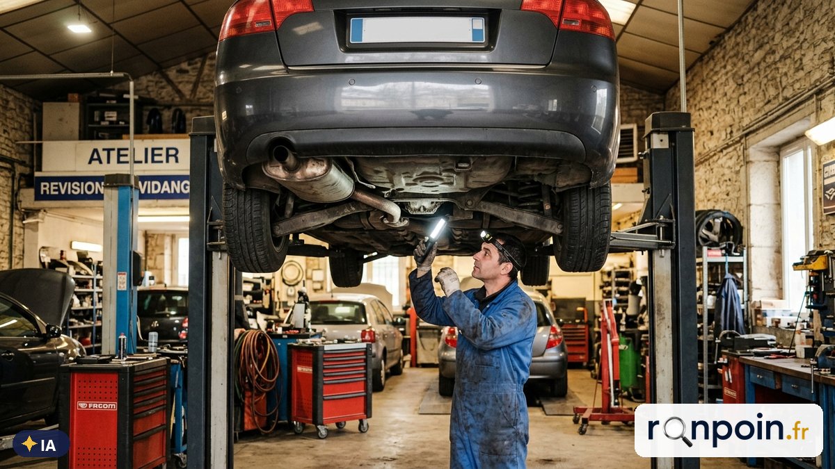Image générée par intelligence artificielle Berline grise sur un pont élévateur, inspectée par un mécanicien dans un garage — illustration générée par IA