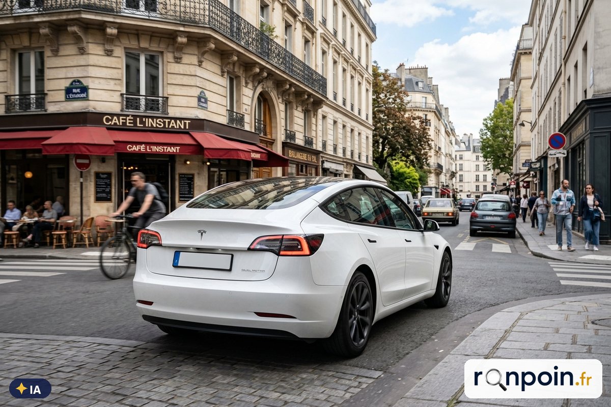 Tesla Model 3 blanche de trois quarts arrière — illustration générée par IA