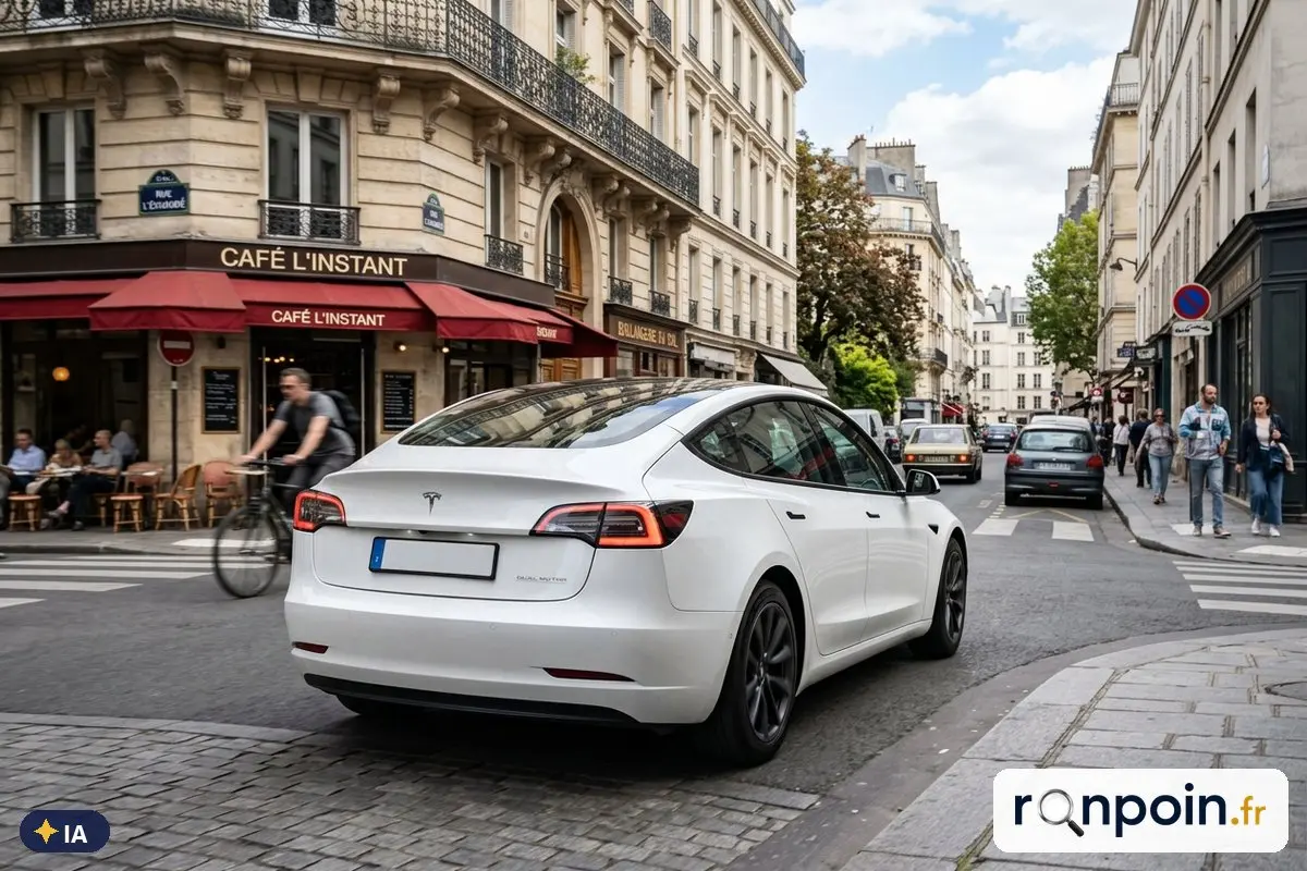 Tesla Model 3 blanche de trois quarts arrière — illustration générée par IA