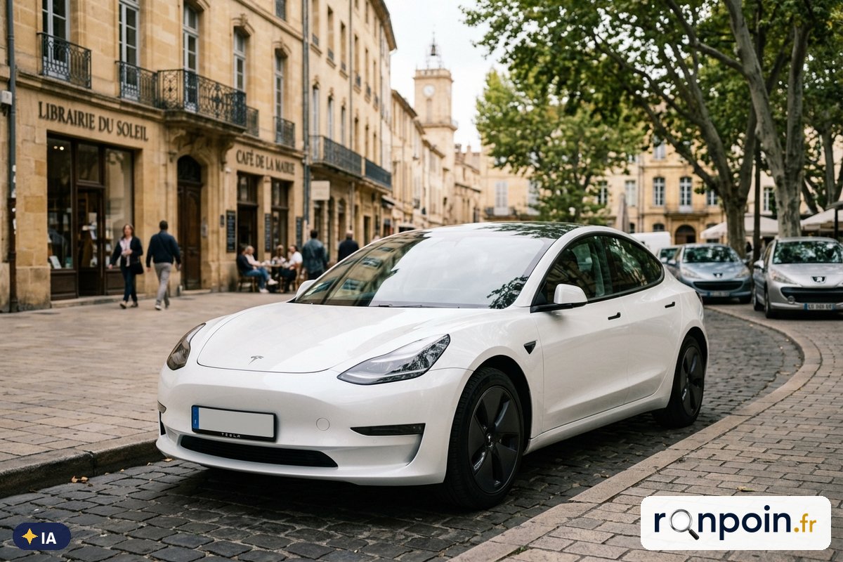 Tesla Model 3 blanche de trois quarts avant — illustration générée par IA