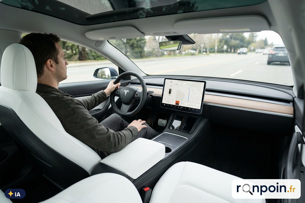 Habitacle minimaliste d'une Tesla Model 3 avec grand écran central — illustration générée par IA