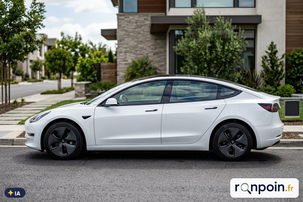 Tesla Model 3 blanche de profil — illustration générée par IA