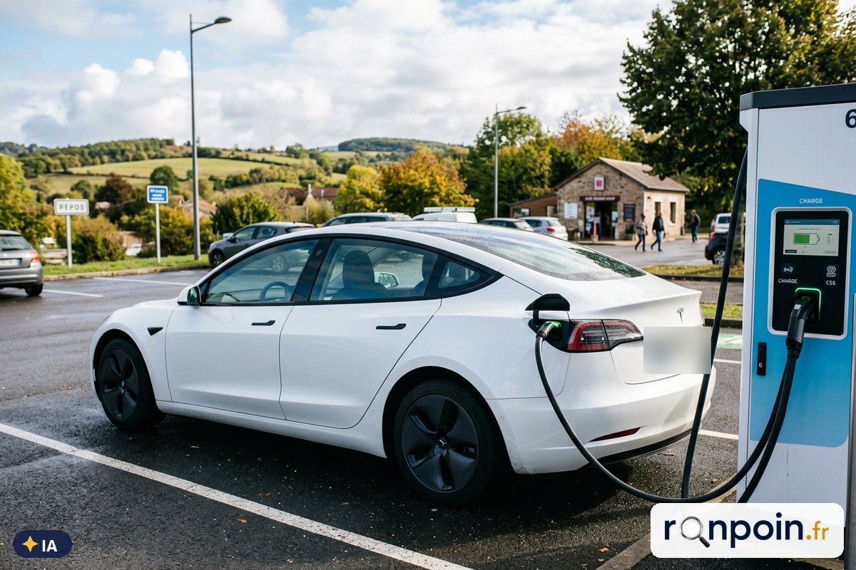 Tesla Model 3 en recharge sur une borne rapide — illustration générée par IA